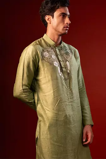 Green embroidered raw silk kurta