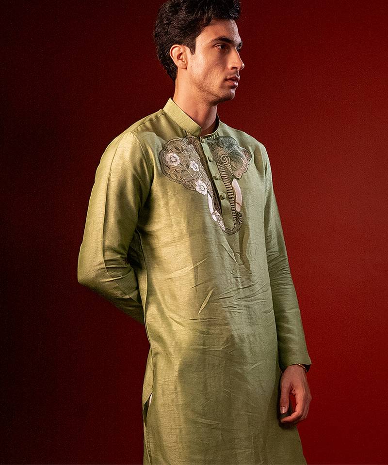 Green embroidered raw silk kurta