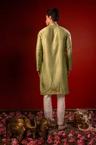 Green embroidered raw silk kurta