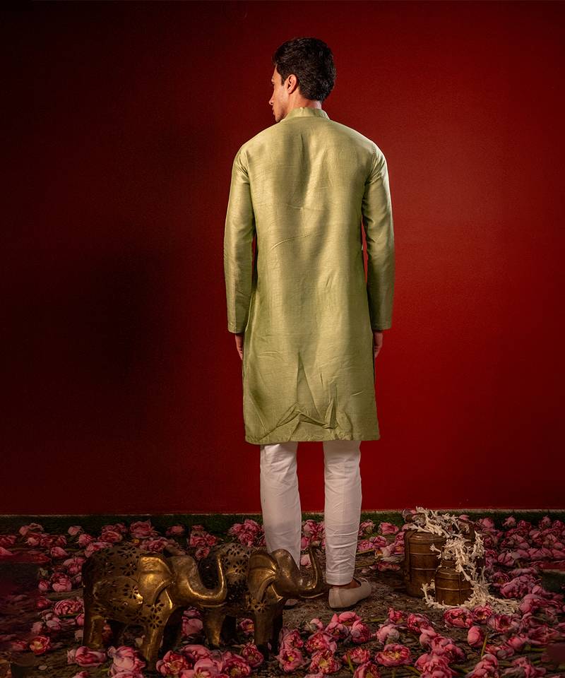 Green embroidered raw silk kurta