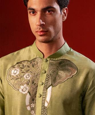 Green embroidered raw silk kurta 5
