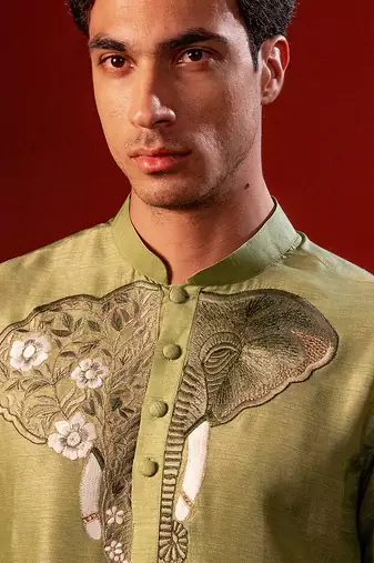 Green embroidered raw silk kurta