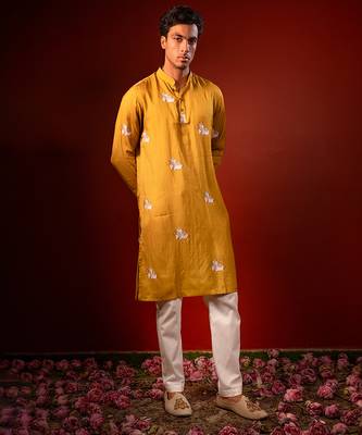 Mustard yellow printed raw silk kurta 1