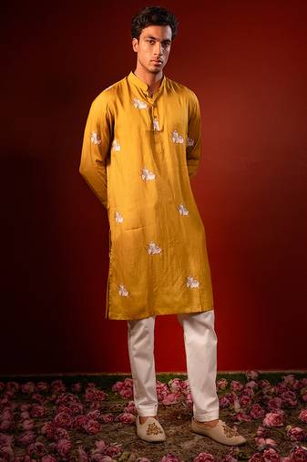 Mustard yellow printed raw silk kurta