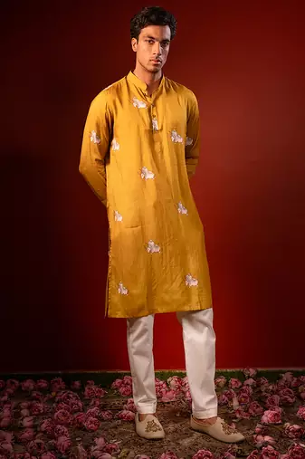 Mustard yellow printed raw silk kurta
