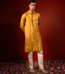 Mustard yellow printed raw silk kurta