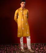 Mustard yellow printed raw silk kurta