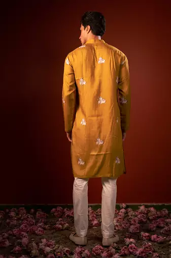 Mustard yellow printed raw silk kurta