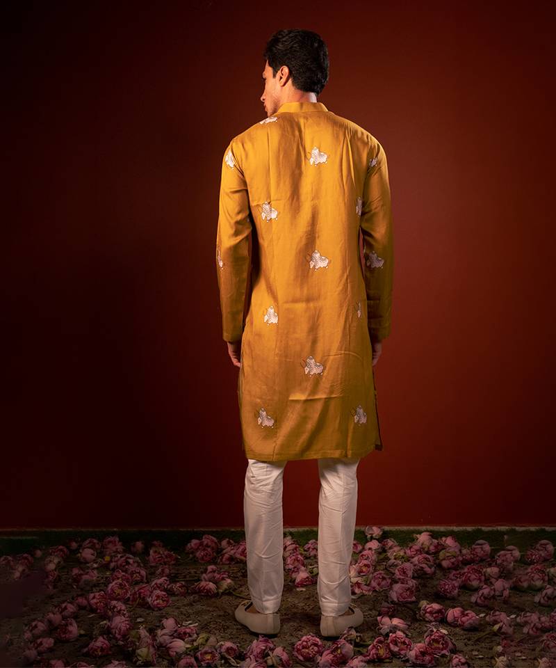 Mustard yellow printed raw silk kurta