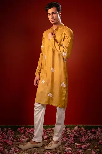 Mustard yellow printed raw silk kurta