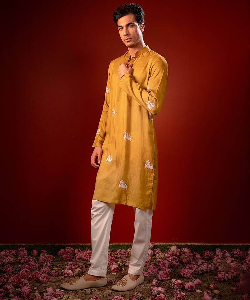 Mustard yellow printed raw silk kurta