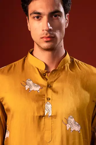 Mustard yellow printed raw silk kurta