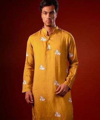 Mustard yellow printed raw silk kurta 5