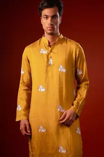 Mustard yellow printed raw silk kurta