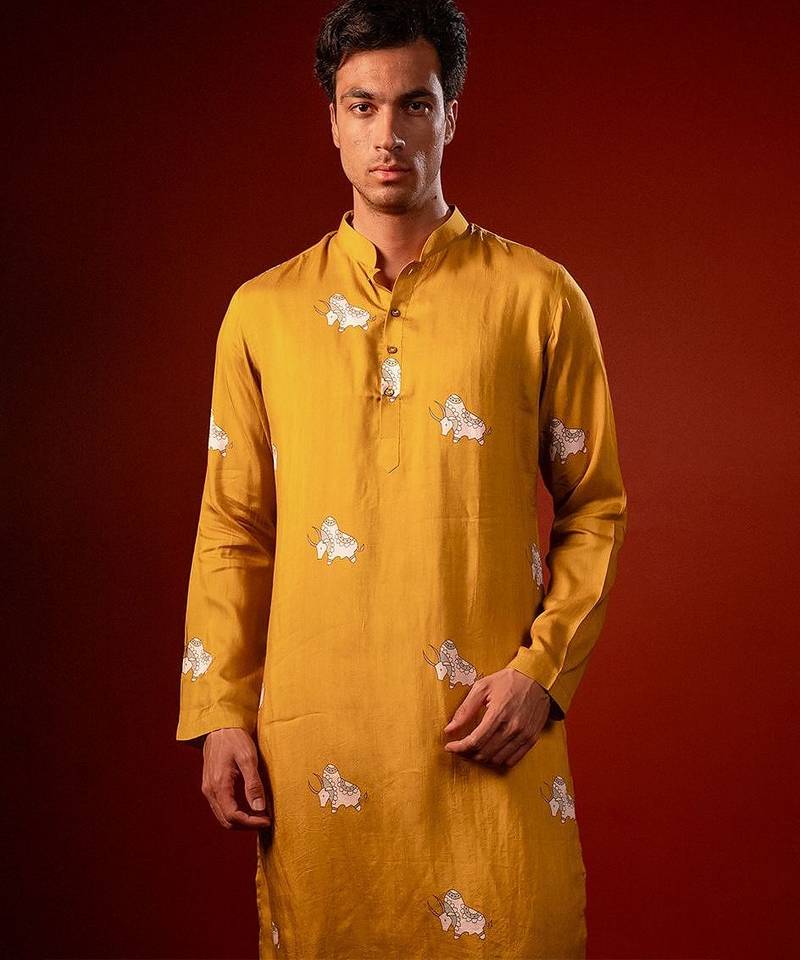 Mustard yellow printed raw silk kurta