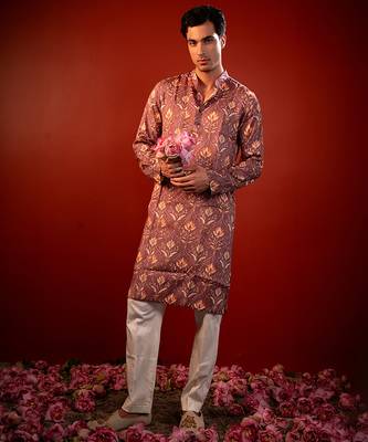 Mauve pink printed raw silk kurta 1