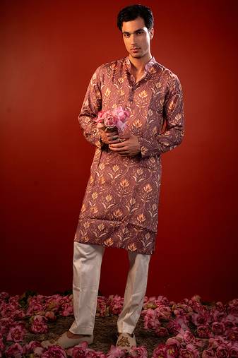 Mauve pink printed raw silk kurta