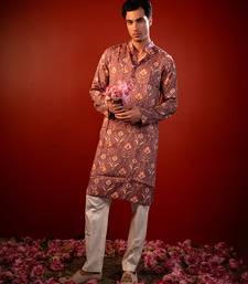 Mauve pink printed raw silk kurta