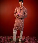 Mauve pink printed raw silk kurta