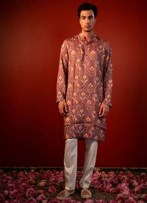 Mauve pink printed raw silk kurta 2