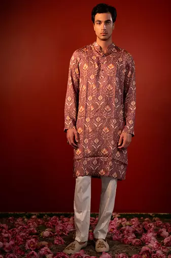 Mauve pink printed raw silk kurta