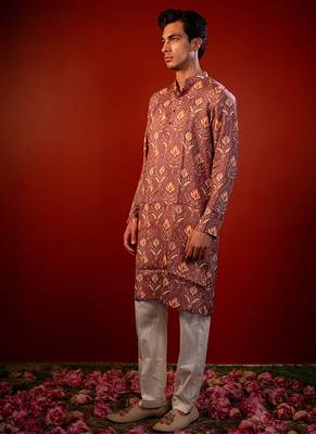 Mauve pink printed raw silk kurta 3