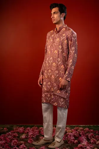 Mauve pink printed raw silk kurta