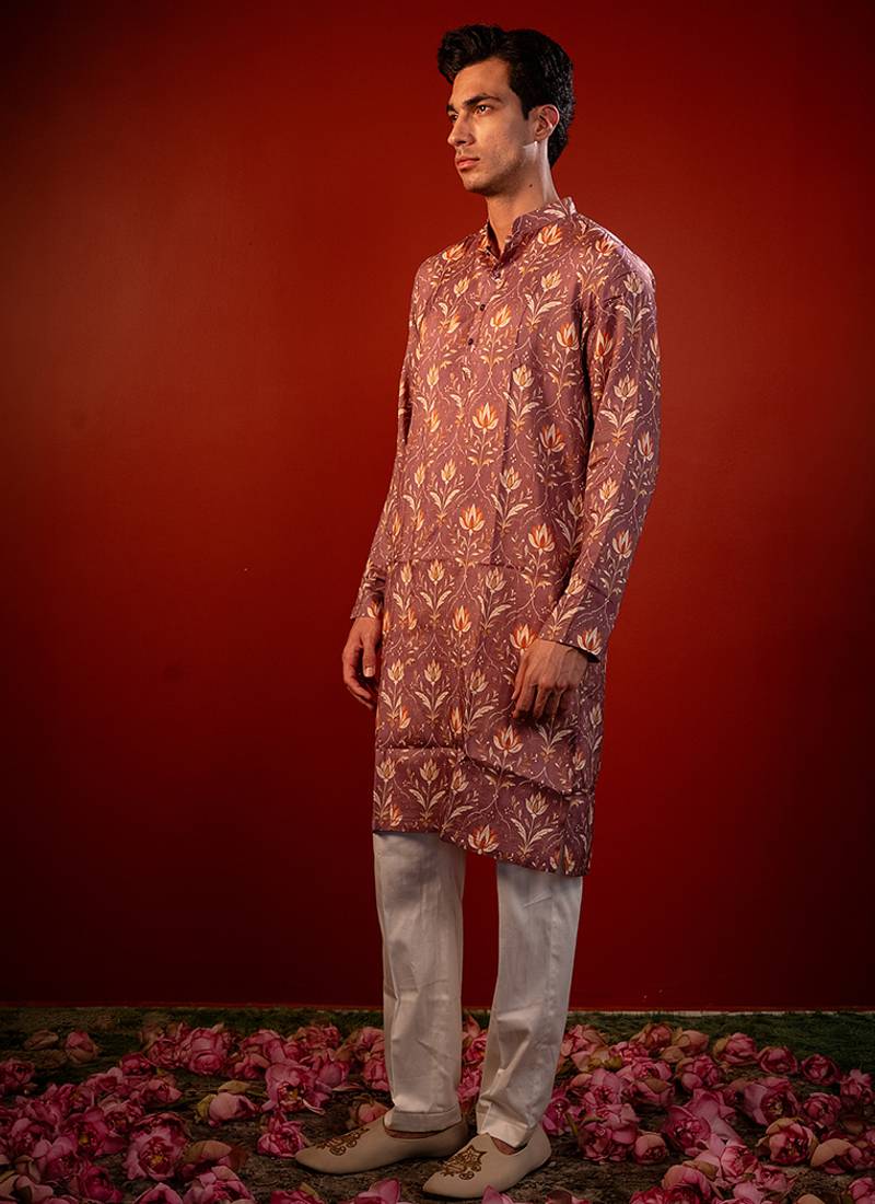 Mauve pink printed raw silk kurta