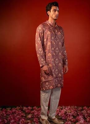 Mauve pink printed raw silk kurta 4