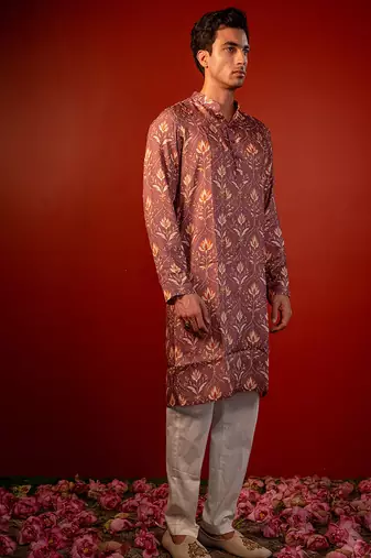 Mauve pink printed raw silk kurta