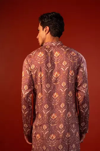 Mauve pink printed raw silk kurta