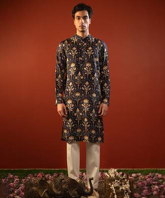 Blue printed raw silk kurta 1