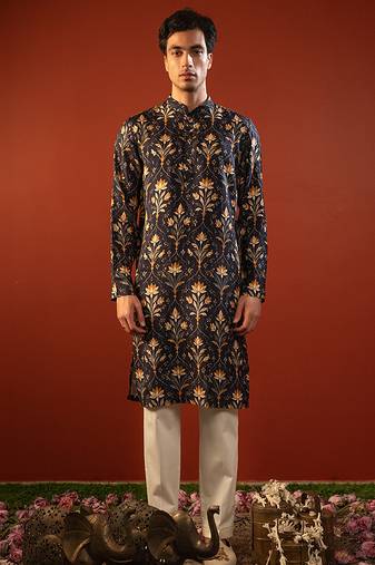 Blue printed raw silk kurta