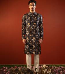 Blue printed raw silk kurta