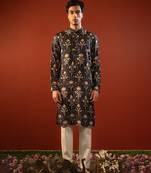 Blue printed raw silk kurta