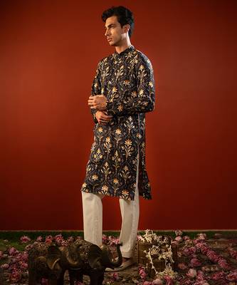 Blue printed raw silk kurta 2