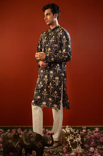 Blue printed raw silk kurta