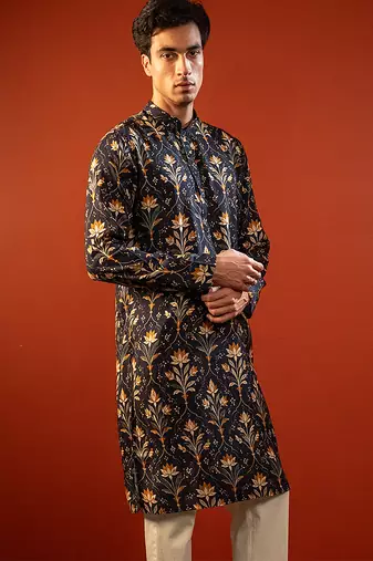 Blue printed raw silk kurta