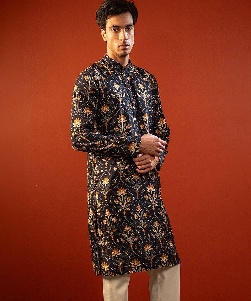 Blue printed raw silk kurta