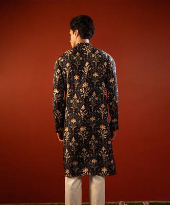 Blue printed raw silk kurta 4