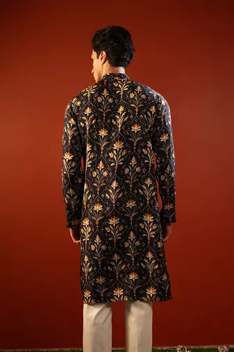 Blue printed raw silk kurta