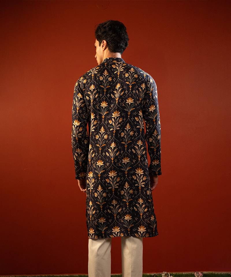 Blue printed raw silk kurta