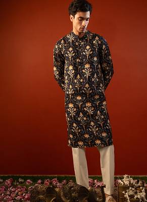 Blue printed raw silk kurta 5
