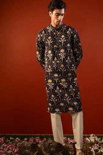 Blue printed raw silk kurta