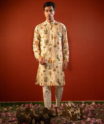 Cream beige printed raw silk kurta 1