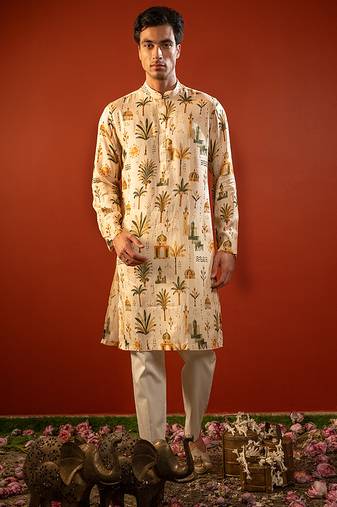 Cream beige printed raw silk kurta