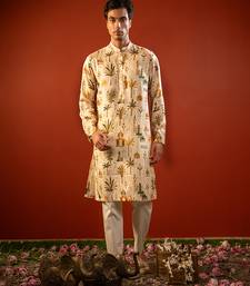 Cream beige printed raw silk kurta