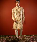 Cream beige printed raw silk kurta