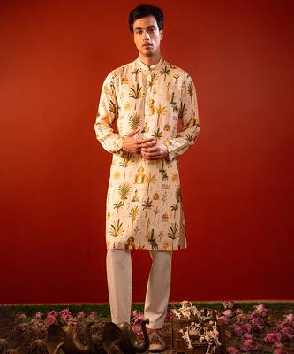 Cream beige printed raw silk kurta 2
