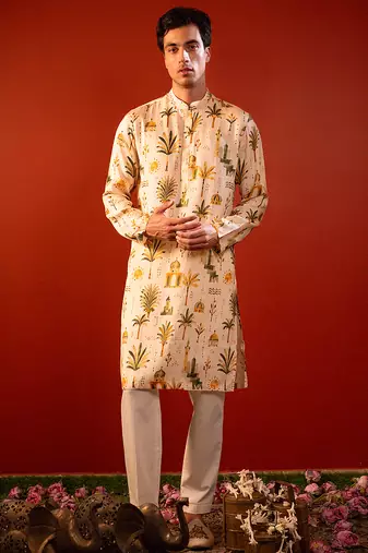 Cream beige printed raw silk kurta